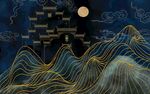 月夜下的奇幻山峦与楼阁