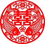 双鱼戏喜字剪纸图案