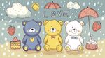 三只萌趣小熊的雨中甜蜜时光