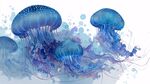 梦幻蓝水母水彩艺术画面