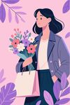 女子手持鲜花与购物袋