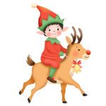 卡通圣诞节小精灵男孩骑驯鹿奔跑