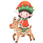 卡通圣诞节小精灵女孩骑彩灯驯鹿
