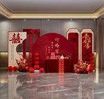 中式婚礼迎宾区喜庆布置