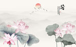国画荷花山水背景墙