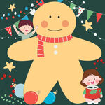 孩子开心庆祝圣诞节姜饼人彩带