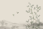水墨山水间的飞鸟与翠竹