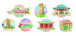 多彩卡通风格建筑图标集