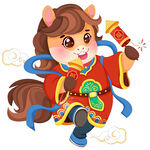 春节小马驹开心放鞭炮求好运插画