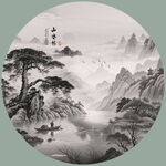 水墨山水圆形国画意境美
