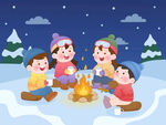冬季孩子露营雪地篝火晚会插画