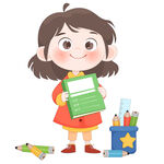 孩子拿书籍铅笔学习文具儿童插画