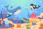 卡通海洋鲸鱼海底动物珊瑚背景墙