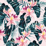 粉色花卉与绿叶图案背景四方连续