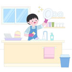 厨房洗碗刷盘子杯子做家务插画