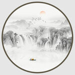 圆形水墨山水画