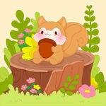 春天森林大树桩松鼠吃坚果插画