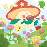 春天花丛蘑菇精灵小提琴蝴蝶插画