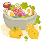 健康饮食蔬菜沙拉柠檬鸡蛋插画