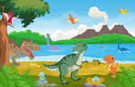 森林恐龙卡通火山湖泊儿童背景墙