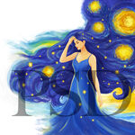 星空下的蓝色长裙梦幻女子