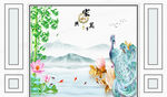 中式花鸟山水壁画图案