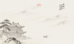 新中式山水古风楼阁背景墙装饰画