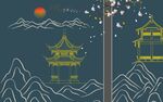 中式山水楼阁夜景图