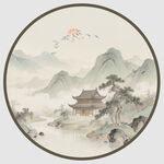 中式山水楼阁圆形水墨画