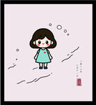 手绘矢量可爱女孩漫步于简约场景