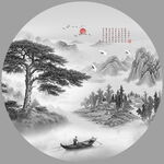 圆形水墨山水画