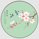 新中式花鸟桃花圆形装饰画