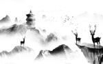 水墨山水间的灵鹿与古塔背景墙