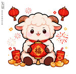 小羊抱灯笼羊年新年装饰画玻璃贴