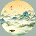 圆形水墨山水画