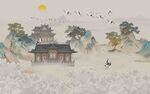 中式线描山水风景