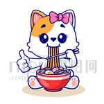 可爱小猫吃拉面插画