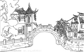 上海新沪上八景之一枫泾古镇线描图