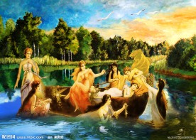 油画风景 美女沐浴