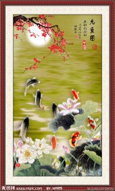 九鱼图 荷花鱼 无框画 鱼福图