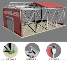 钢结构彩板房带卷帘门剖视图附材质贴图