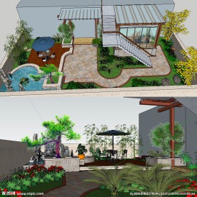 中式屋顶花园景观草图