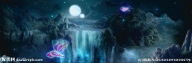 梦幻仙境中秋月色瀑布