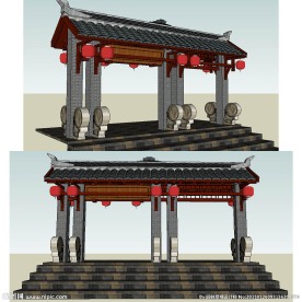 中式景区门草图大师SU模型