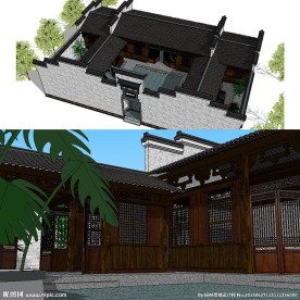 中式民宅民房建筑草图大师SU