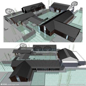 中式别墅SU模型建筑草图大师