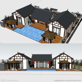 中式别墅SU模型草图大师建筑