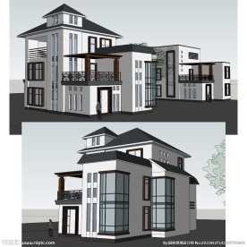 现代中式小别墅建筑草图大师模型