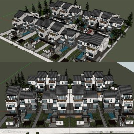 中式联排别墅建筑草图大师SU