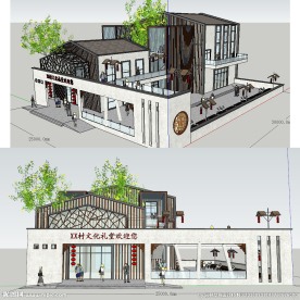 中式文化礼堂建筑草图大师SU模